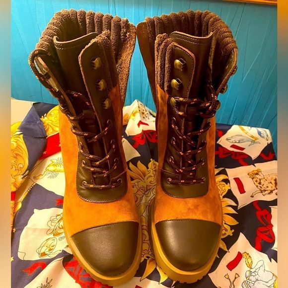 Chelsea & Violet Shoes - Chelsea and Violet Zaire Leather Suede Platform Boots Lug Sole Brown Black 8.5 M